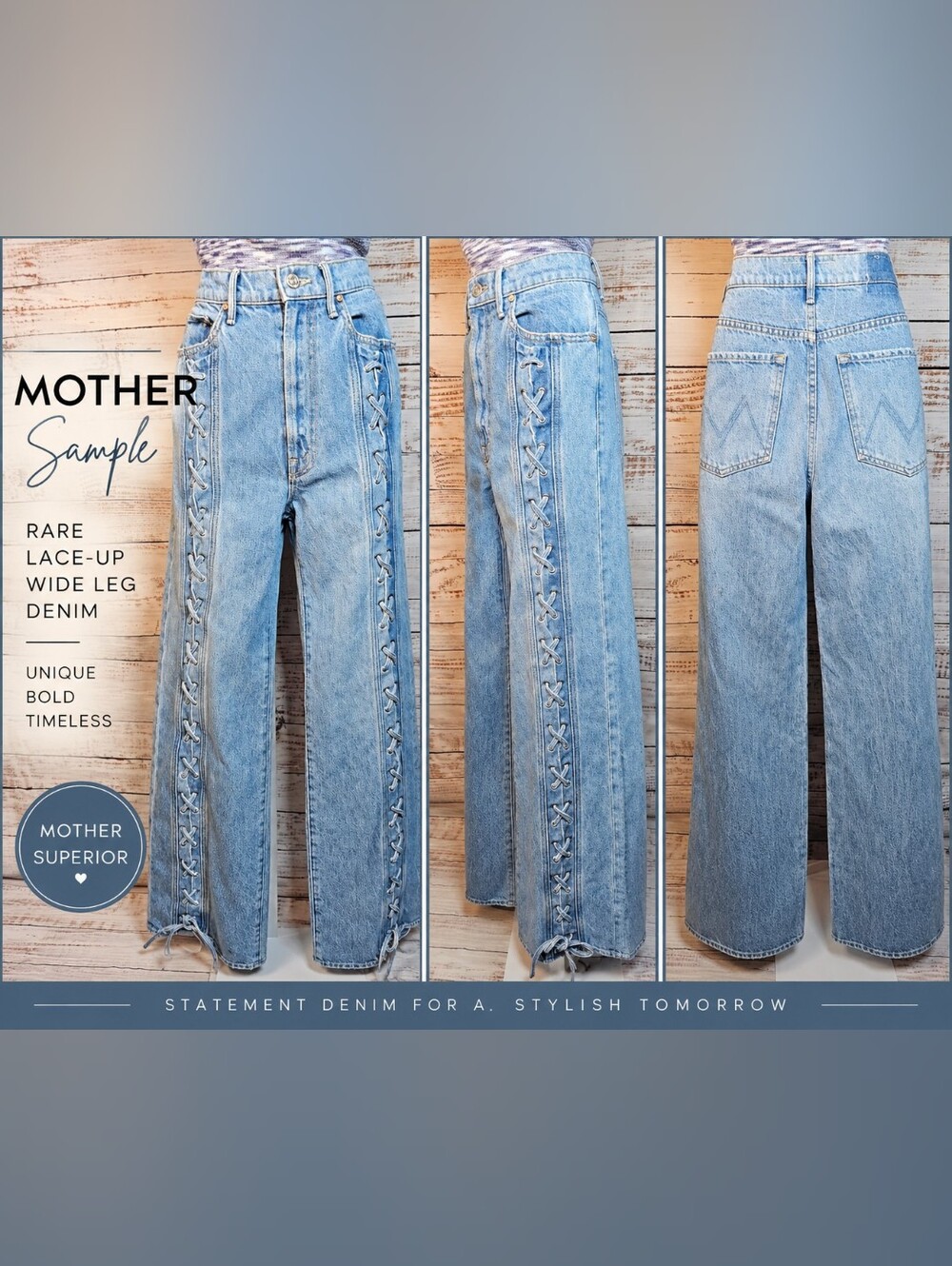 MOTHER Sample Lace-Up Wide Leg Jeans Blue SUPERIOR Denim Rare